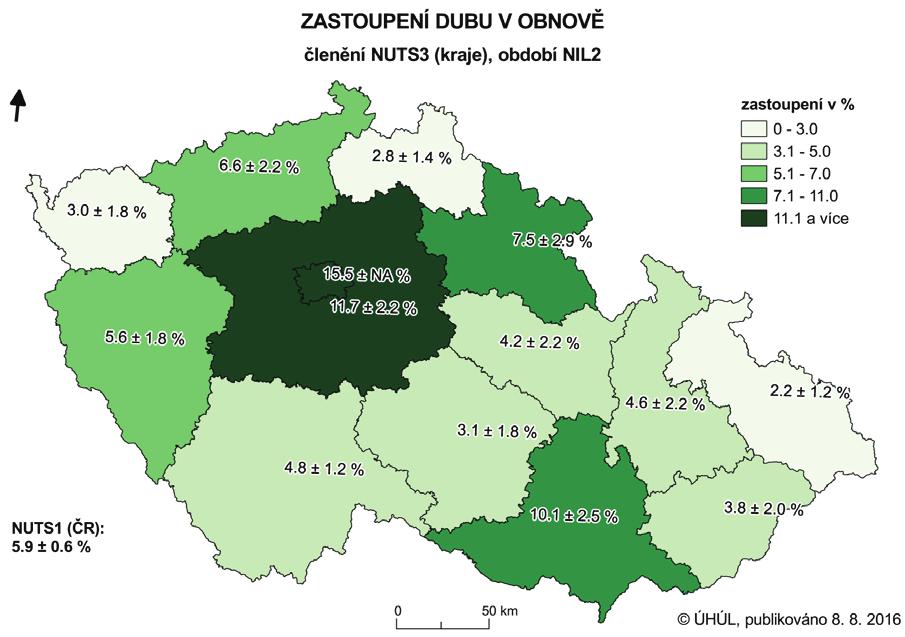 Obr. 7: Zastoupení buku lesního v obnově podle krajů, období NIL2 (2011