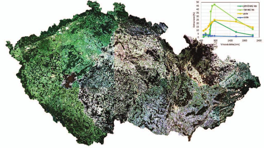 Obr. 3: Ukázka L2A mozaiky České republiky z dat Sentinel-2. Hodnoty pixelů znázorňují odrazivost povrchu neovlivněnou stavem atmosféry v době snímkování.