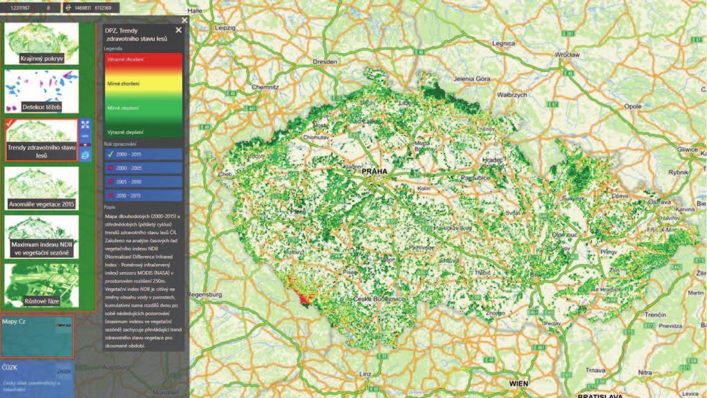 cz/dpzmap) k dispozici retrospektivní analýzy zdravotních trendů lesa mezi roky 2000 a 2015 vytvořené nad daty MODIS s aplikovanou maskou hranic lesa OLIL (Obr. 10).