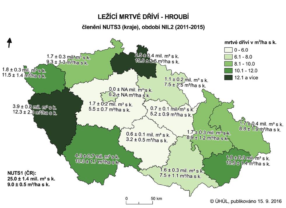 Tab. 6: Objem ležícího hroubí v krajích, období NIL2 (2011 2015) bodový odhad [mil. m 3 s k.] spodní mez [mil. m 3 s k.] horní mez [mil. m 3 s k.] bodový odhad [m 3 / ha s k.] spodní mez m 3 /ha s k.