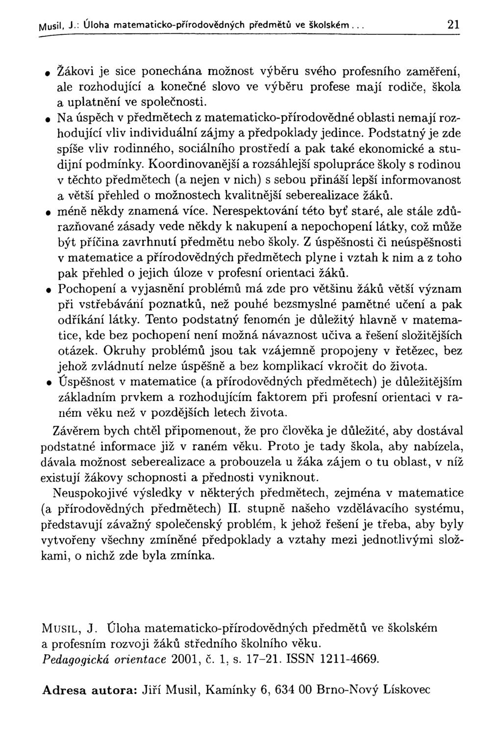 Musil, J.: Úloha matematicko-přírodovědných předmětů ve školském.