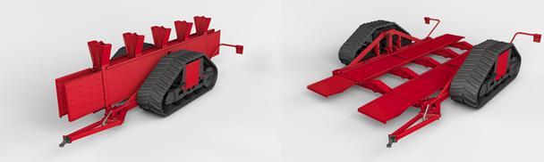 zůstanou na plošině, přičemž traktor je v přímém styku s půdou. Návěs se zabrzdí a nyní se traktor po pozemku pohybuje s návěsem, jehož podvozek tvoří plošina s pásy.