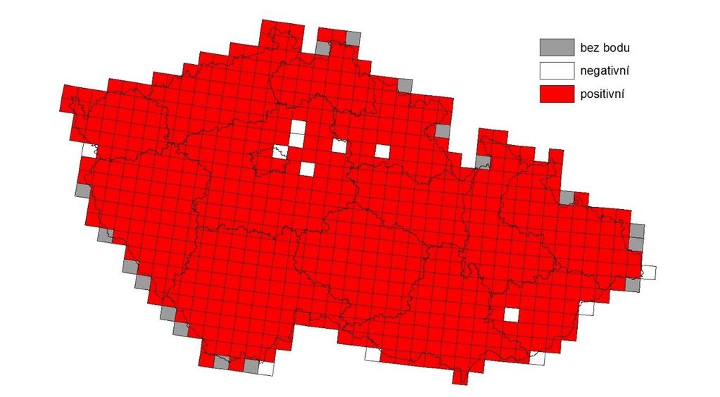 Obrázek 1. Výskyt vydry říční (Lutra lutra) v roce 2016 v České republice vyjádřený pomocí sítě S- JTSK. Velikost jednotlivých mapových kvadrátů je 11,2 x 12 km. Picture 1.