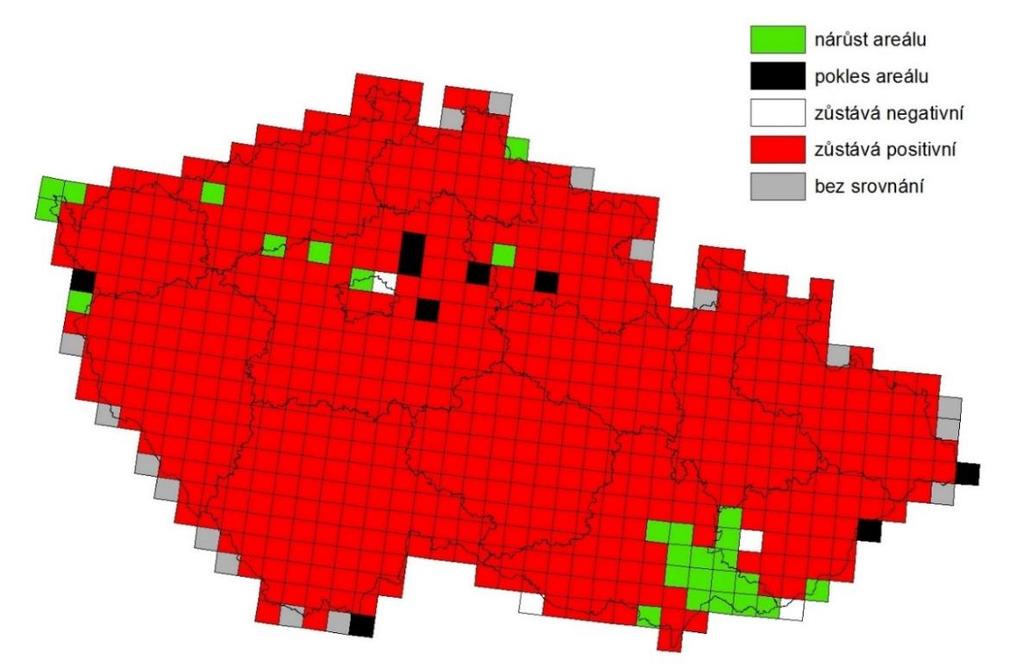Obrázek 5. Srovnání změn v rozšíření populace vydry říční (Lutra lutra) v České republice za posledních 5 let. Srovnány údaje ze současného mapování s mapováním v roce 2011 (Poledník a kol. 2012).