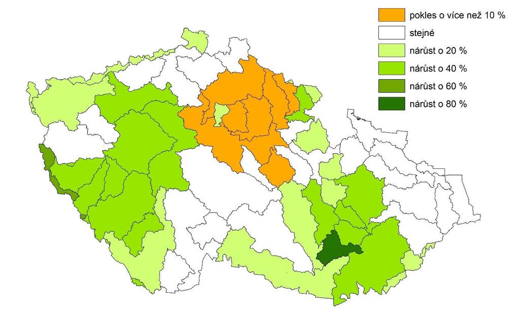 Obrázek 8. Srovnání změn v rozšíření populace vydry říční (Lutra lutra) v České republice za posledních 5 let. Srovnány údaje ze současného mapování s mapováním v roce 2011 (Poledník a kol. 2012).