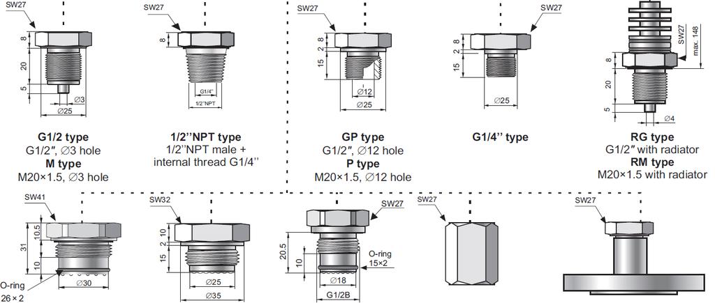 . MECHANICKÉ PŘIPOJENÍ G1/2 1/2NPT GP G1/4 RG G1/2, Ø 3mm ½ NPT vnější G1/2, Ø 12mm G1/4 G1/2 chladič M vnitřní G1/4 P RM M20x1,5, Ø 3mm M20x1,5, Ø 12mm M20x1,5 chladič CG1 CM30x2 CG1/2 ½ NPT F ODM