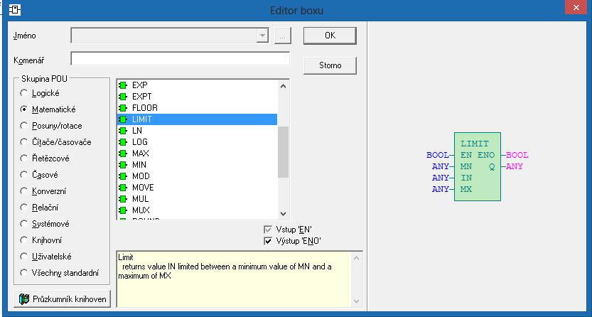 Laboratorní úloha č. 2: Řízení RGB LED pásků přes WebMaker 83 - Pro vložení matematické funkce LIMIT klikneme na, vložíme objekt. Otevře se Editor boxu. Ze skupiny Matematické vybereme LIMIT.