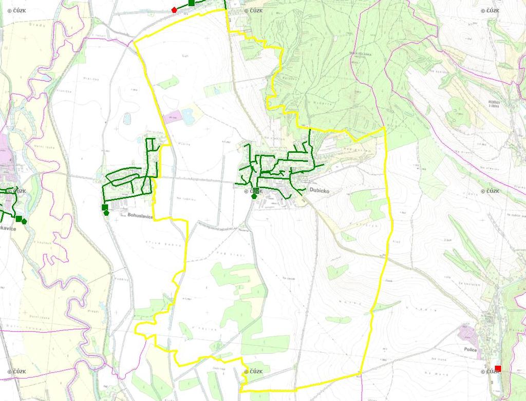 E. KANALIZACE A ČOV Mapa E1: Kanalizace - rozvody v obci Trasování sítí, lokalizace ČOV, čerpací stanice (ČS), výústě Obec: Dubicko Legenda: Kanalizace: Ochranné pásmo: Vyústění: do 2015 po 2015 I IA