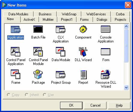 4.2.4 Nový projekt a základní operace Kliknutím na ikonu Nový projekt (New) nebo pomocí Menu-> Files-> Other Aplication vyvoláme okno New Items, kde máme k dispozici galerii různých typů projektů,