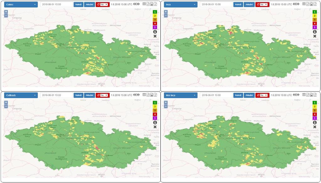 Obr. 1 Ukázka aplikace Fuzzy Flash Flood. Každých 5 resp. 10 minut (dle uvažovaného nowcastingu srážek) máme k dispozici variantní hydrologickou předpověď nebezpečí ve formě mapy ohrožených ploch.