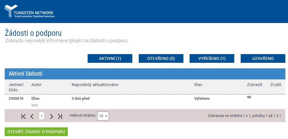 Kliknutím na možnost Aktivní zobrazíte všechny otevřené nebo vyřešené žádosti.