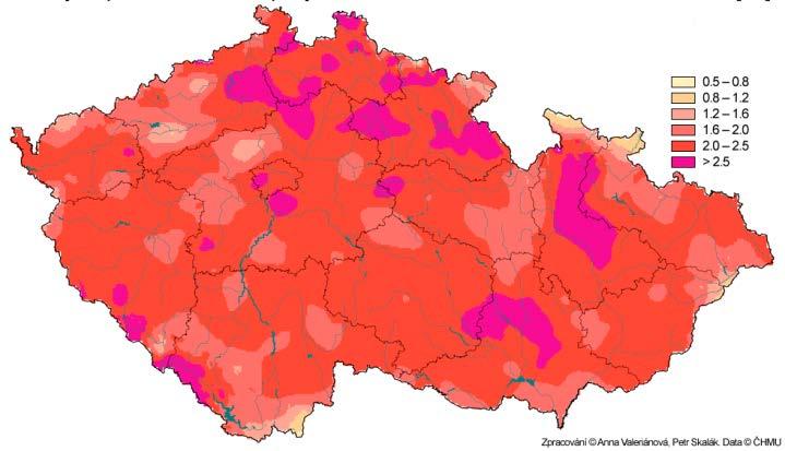 Obrázek 1: Odchylka průměrné roční teploty vzduchu v roce 2014 od