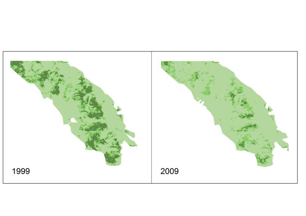 Při porovnání obou mapových výstupů (příloha 14 a 15), které zachycují stav lesní vegetace v roce 1999 a 2009, bylo zjištěno, ţe nejhustější vegetace se vyskytuje v oblastech listnatých a smíšených