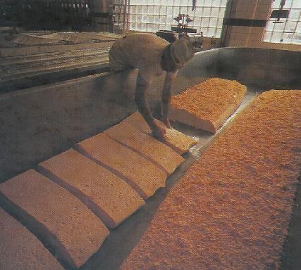 Sýry s mletou sýřeninou - Čedar Sýřenina při vypouštění syrovátky se shrabuje ke stranám, aby mohla volně odtékat (čedarování) Rozkrájená sýřenina se několikrát mele a solí Plnění do