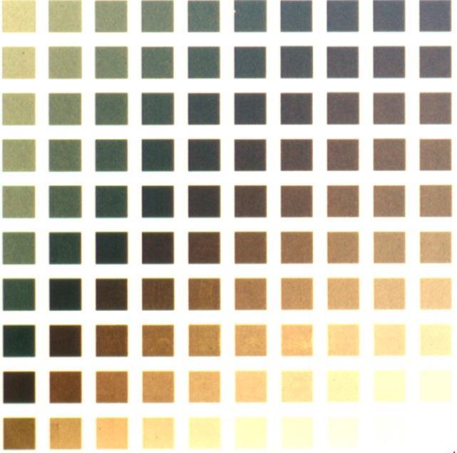 Viditelný je taky značný posuv v barevné škále od levého horního okraje. Obr. 9 Motiv bez rozdělení oblastí po pokovení stříbrem a zlatem. Obr. 10 Porovnání vybraného motivu s dávkou 520 µc/cm 2 se vzorkem z [5].