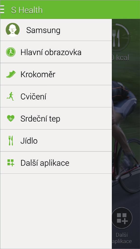 S Health Používání menu aplikace S Health Klepnutím na položku otevřete různá menu. Můj profil Otevření hlavní obrazovky aplikace S Health. Výběr pro použití nabídek.
