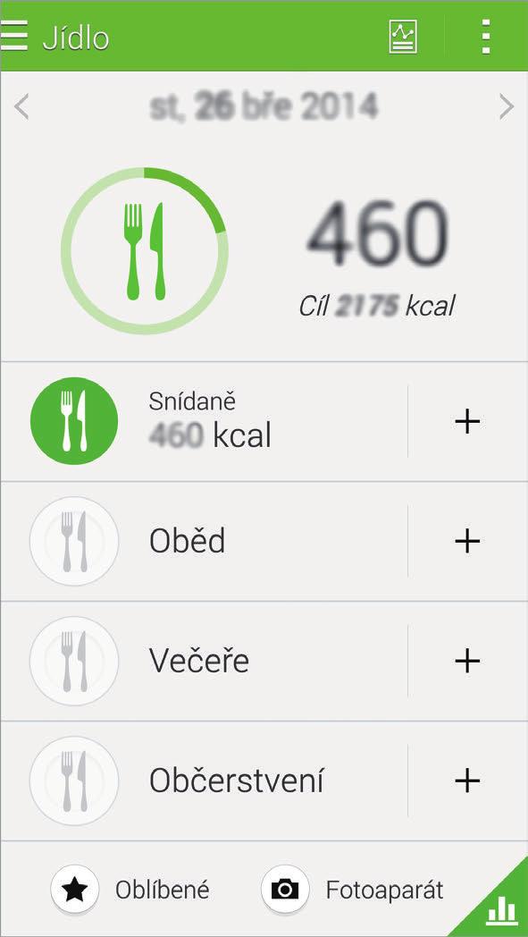 S Health Ukládání potravinového příjmu Uloží denní spotřebu potravin a spravuje příjem kalorií. 1 Klepněte na položku Jídlo. 2 Klepněte na položku vedle jídla.