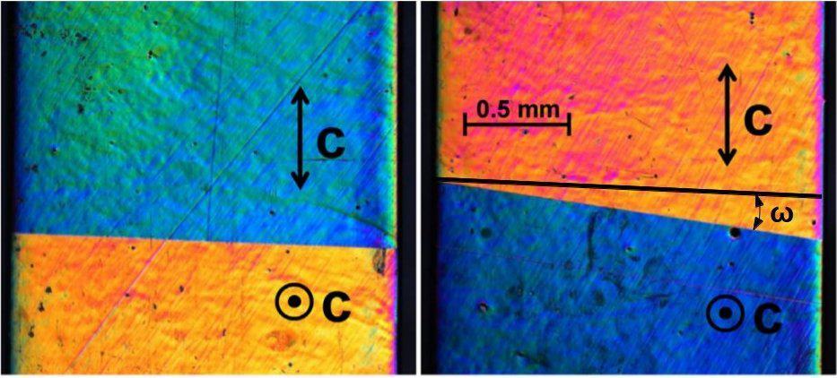 (a) (b) Figure 1: Optical micrographs of Type I and Type II twin boundaries. Each variant is marked by c-axis which determines orientation of microstructure.