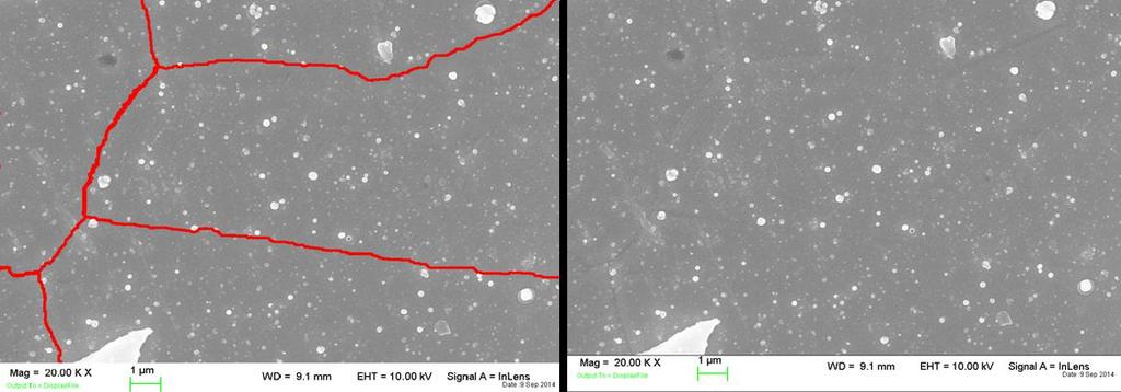 Figure 6: Film Kuba 9 TiN on stainless steel with and without marked grain boundaries. All samples exhibit some type of well pronounced particles on their surface.