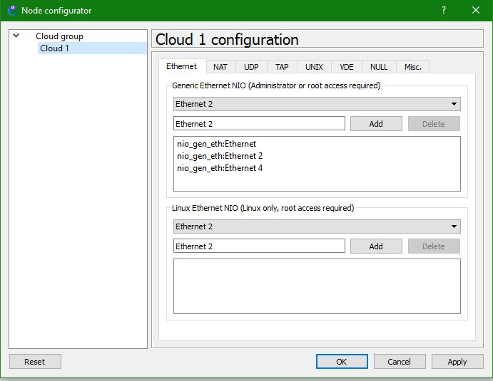 Obr. 4 Příklad topologie vytvořenou v GNS3 Nástroj Cloud GNS3 umožňuje propojit simulovanou síť se sítí reálnou.