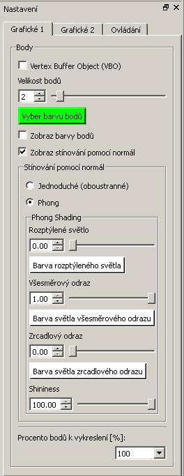 6. Nastavení 6.1. Grafická nastavení Grafická nastavení jsou tematicky rozmístěna na dvou kartách. První karta obsahuje nastavení týkající se zobrazování bodů a druhá kamery a souřadnicových os.