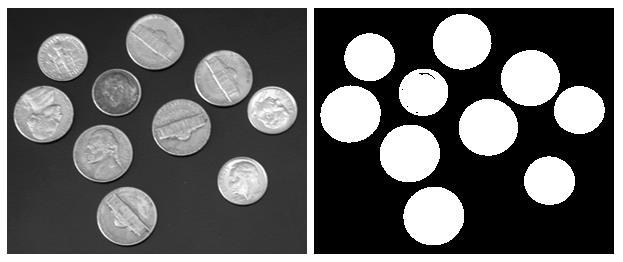 Obr. 7: Segmentace pomocí prahování dvojice vstup a výstup (vstupní obrázek převzat z [17]) 2.1.2.1 ADAPTIVNÍ PRAHOVÁNÍ V důsledku například nerovnoměrného osvětlení vstupního obrazu (viz Obr.
