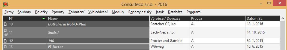 skladované množství a Provoz CLP datová tabulka obsahuje Název, Výrobce/dovozce, Skupenství, GHS, H věty, P pokyny, Roční spotřebu, Průměrné skl. množství, Max.