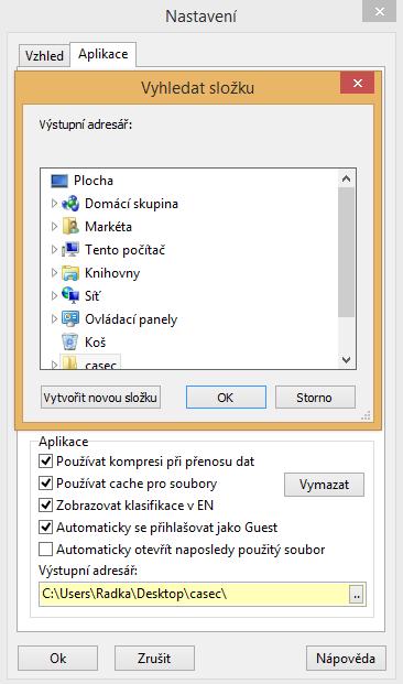 3. Ve formuláři Nastavení na kartě Aplikace v sekci Aplikace Výstupní adresář klikněte na rozbalovací