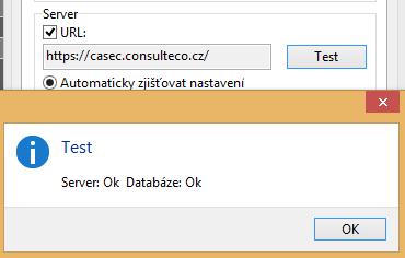 4. Po otestování funkčnosti připojení serveru se zobrazí informativní dialogové okno Test Pokud zjistíte, že připojení k serveru, NENÍ PLNĚ FUNKČNÍ,
