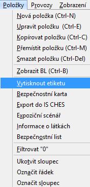 1. V hlavním menu vyberte volbu POLOŽKY a klikněte na nabídku VYTISKNOUT ETIKETU