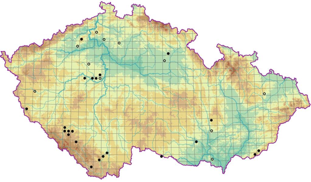 Berberidion vulgaris Obr. 25. Rozšíření asociace KBB03 Populo tremulae-coryletum avellanae; existující fytocenologické snímky dávají dosti neúplný obraz skutečného rozšíření této asociace. Fig. 25. Distribution of the association KBB03 Populo tremulae-coryletum avellanae; available relevés provide an incomplete picture of the actual distribution of this association.