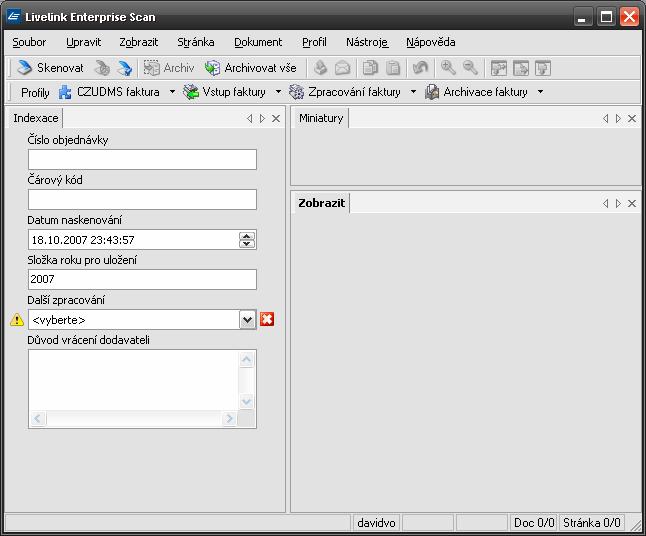 Ihned po spuštění jsou některé oblasti prázdné - v systému nejsou čerstvě naskenované faktury.