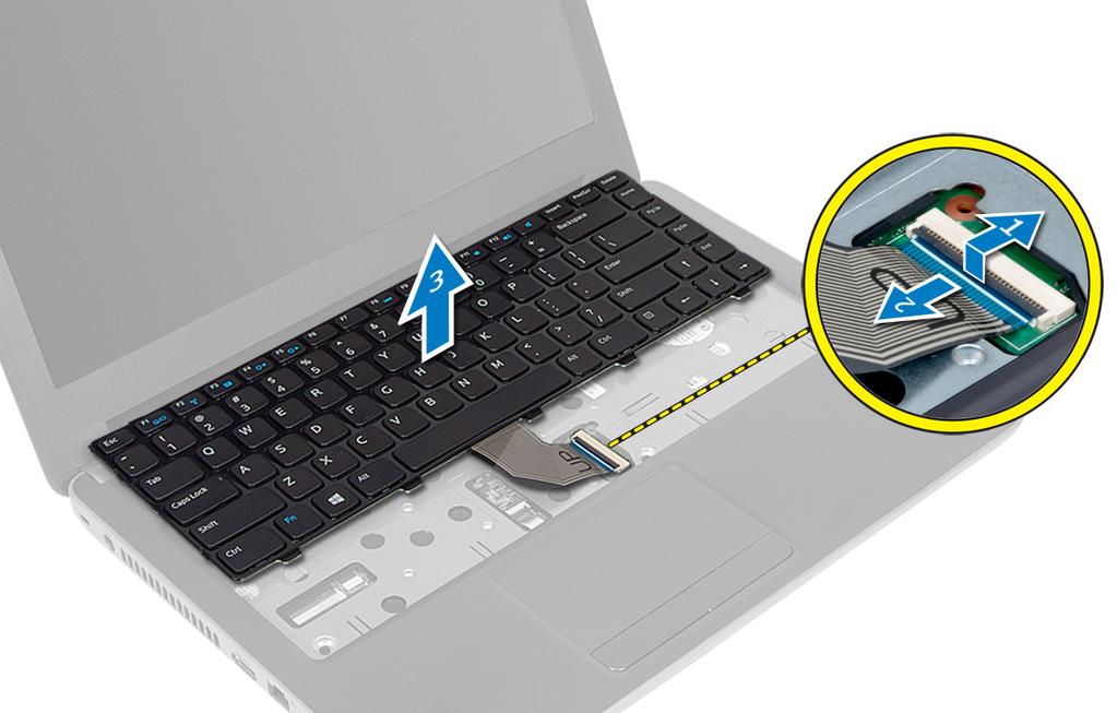 Montáž klávesnice 1. Připojte kabel klávesnice ke konektoru na základní desce. 2. Zasunujte klávesnici na své místo v počítači, dokud neuslyšíte cvaknutí. 3.