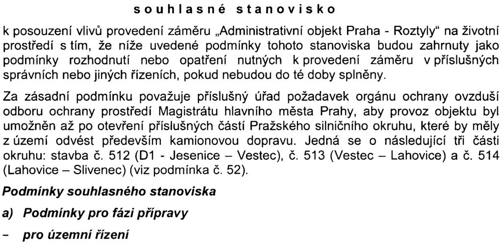 Stanovisko pøislušného úøadu z hlediska pøijatelnosti vlivú zámìru na životni prostøedi s uvedenim podmínek pro realizaci zámìru, popøípadì zdùvodnìní nepøíjatelnosti zámìru Na základì