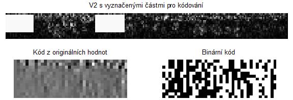 varianty kódu ukazuje Obr. 4.23. Vzniklý kód je složeninou obou vybraných a spojených oblastí. Obr. 4.23: Ukázka vybraných oblastí pro extrakci příznaků a dvě varianty kódu. Na Obr. 4.24 je obraz vertikálních detailů druhého stupně s vyznačeným řádkem, jehož hodnoty jsou vykresleny do grafu pod ním.