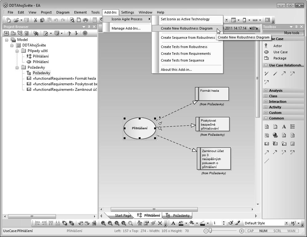 Kapitola 3: Úvodní příklad s metodikou DDT 63 případ užití a v nabídce Add-Ins/ICONIX Agile Process zvolit případ Create New Robustness Diagram (viz obrázek 3.2). Obrázek 3.