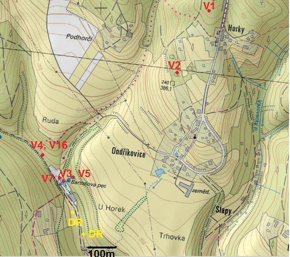 Obr. 1.8. Přibližná lokace míst z okolí Bartošovy pece, odkud byly odebrány vzorky a kde bylo prováděno DR. Mapa byla převzata z http://geoportal.gov.cz/web/guest/map 1.8. Semikraska Přibližný popis, kde se nachází jeskyně Semikraska, je uveden v textu práce v kapitole 5.