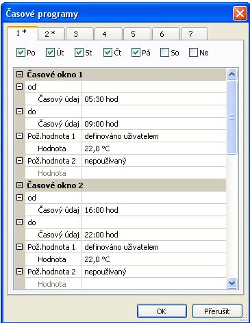 Příklady pro časové programy Spínací hodiny Časový program 1 s pevnými spínacími a vypínacími body a požadovanými hodnotami Časové programy 6 Nastavení: 1 2 5 3 4 1.