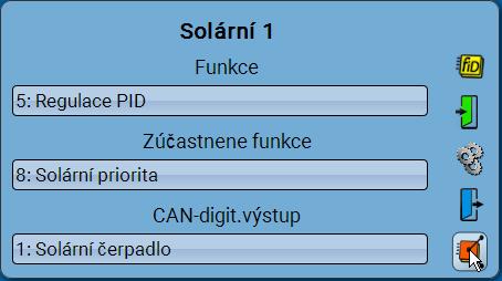 C.M.I.-Menü Spojení Zde můžeme sledovat spojení k jiným funkcím a výstupům CAN. Příklad: Funkce Solární 1 Funkce: Výstupní proměnná ze Solární je spojena se vstupní proměnnou funkce Regulace PID.