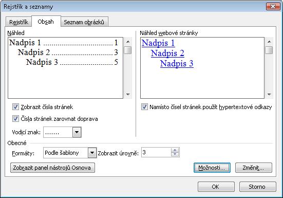 Odkaz Rejstříky a seznamy Obsah - tlačítko Možnosti: