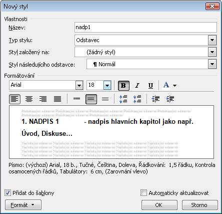 - nutno používat styly odstavců!