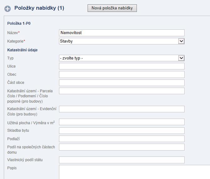 Funkci Nová položka nabídky lze použít, pokud potřebujete vyplnit podrobnější údaje, které se na kartě nabídky nenacházejí. Například katastrální údaje u nemovitostí.