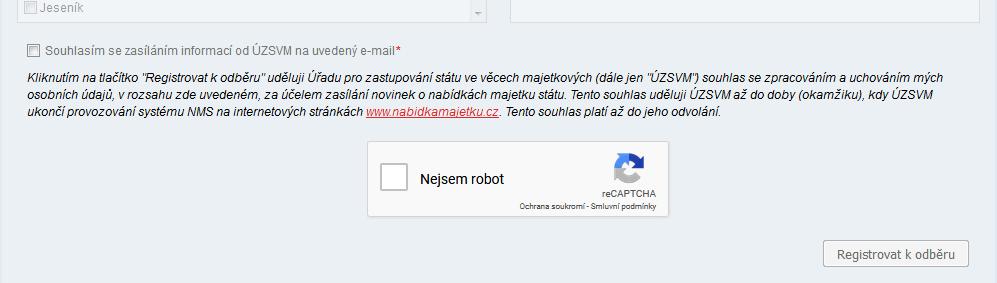 nabídky má zájem. Dole ve formuláři je potřeba potvrdit, že se o registraci pokouší člověk, a ne robot. Tlačítkem Registrovat k odběru se formulář odesílá k uložení do systému.