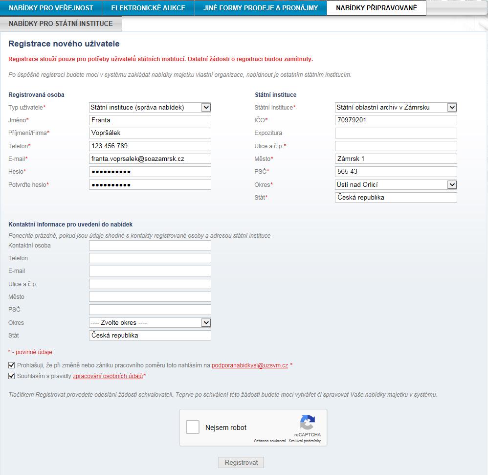 3. Registrace uživatele ze státní instituce správce nabídek a aukcí V záhlaví vpravo nahoře se nachází odkaz pro přihlášení nebo registraci uživatele.