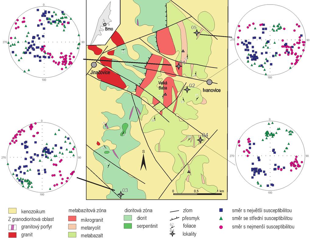 Na vertikální ose je velikost magnetické susceptibility. V diagramu nejsou zahrnuty anomální metabazalty druhého typu pro zachování názornosti diagramu. Fig.