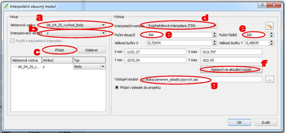 Pak spustíme plugin pro interpolaci, obdobně jako plugin Objemy. Nastavení parametrů je následující (viz obrázek č.