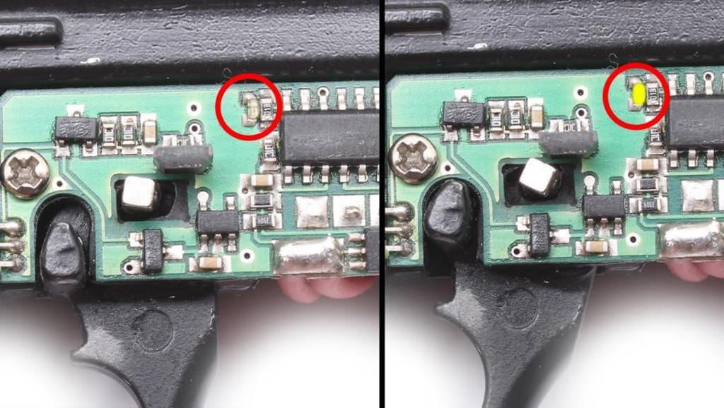 5.10.2 Instalace magnetu na spoušť Kontrolu spouště provedete jednoduše: kontrolní LED dioda musí při mačkání spouště blikat Přesná notifikace spouště: Uvolněná spoušť - LED dioda nesvítí Zmáčknutá