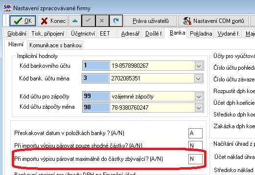 symbolem (např. shodné s IČ společnosti) budou párovány jen v případě zůstatků v saldu. Částky ostatní budou zaúčtovány obdobně jako položky, které se nespárují.