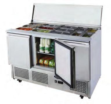 Uvnitř i vně nerez 2011 010 300 W / 220 V Chladicí stůl saladeta ICE3850GR - třídveřový 4x GN 1/1 v horní části S odnímatelnou pracovní deskou. V horní části je prostor pro 4x GN 1/1 na přísady.