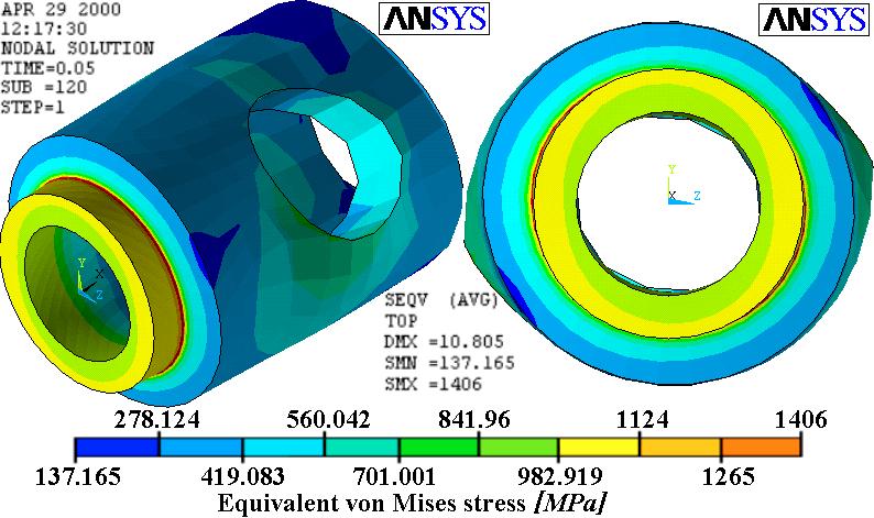 Fig.10 The values of S σ at time t = 5 10-2 s (model with total length and mechanical contact, MSC.